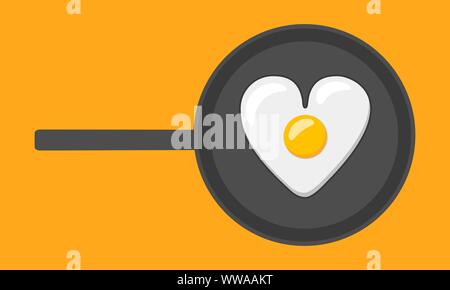 Fried egg shaped like a heart on a pan. Flat vector illustration. Single object isolated on yellow background. Stock Vector