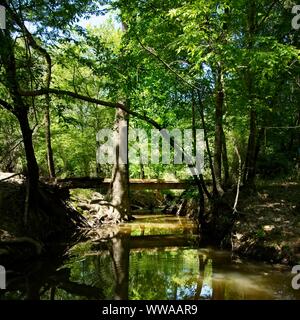 The Woodlands TX USA - 03-26-2019  -  Wooden Bridge Over a Creek 4 Stock Photo