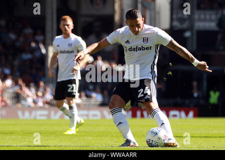 London, UK. 14th Sep, 2019. Anthony Knockaert of Fulham scores his team's first goal. EFL Skybet championship match, Fulham v West Bromwich Albion at Craven Cottage in London on Saturday 14th September 2019. this image may only be used for Editorial purposes. Editorial use only, license required for commercial use. No use in betting, games or a single club/league/player publications . pic by Steffan Bowen/Andrew Orchard sports photography/Alamy Live news Credit: Andrew Orchard sports photography/Alamy Live News Stock Photo