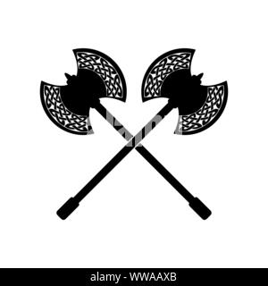 Battle axes crossed isolated with scandinavian pattern. Object on white background. Vector illustration. Stock Vector