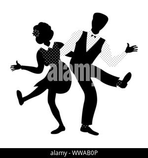 Couple of people dancing charleston. 1940s and 1950s style. Flat vector illustration in black and white colors. Stock Vector