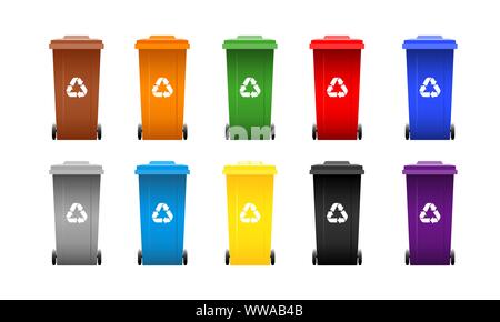 Set of colorful separation waste bins with recycle signs. Collection of cans isolated on white background. Vector illustration. Stock Vector