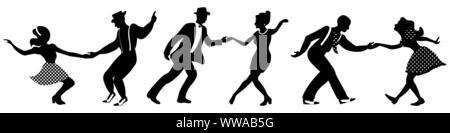 Set of three negative dancing couples on white background. People in 1940s or 1950s style. Men and women on jazz, or lindy hop party.  Stock Vector