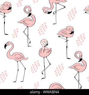 Trendy seamless pattern with cute hand drawn pink flamingo. Simple doodle birds on white background. Vector illustration. Stock Vector
