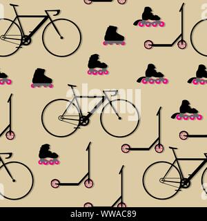 Seamless pattern with bicycles, scooters and inline roller skates. Flat vector illustration. Stock Vector