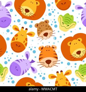 Cute animal faces seamless pattern. Vector funny design. Repeated ornament with zebra, giraffe, lion, crocodile, leopard and tiger. Stock Vector