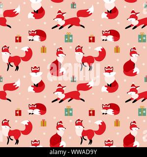 Christmas repeated ornament with cute red foxes and present boxes on pink background. Flat vector illustration. Stock Vector