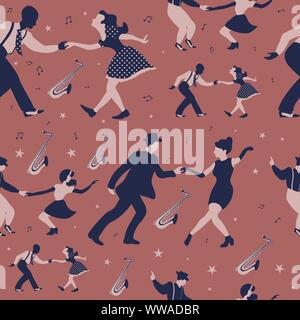 Swing dance seamless pattern with dancing couples, saxophones, musical notes and stars on a brown background. Vector illustration. Stock Vector