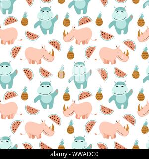 Seamless pattern with cute animals in trendy scandinavian colors. Cartoon rhinoceroses and behemoths on white background. Vector illustration. Stock Vector