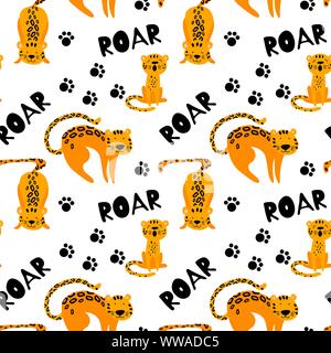 Seamless pattern with cute leopards, lettering and trails. Cartoon animals isolated on white background. Flat vector illustration. Stock Vector
