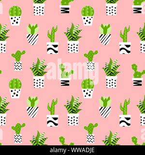 Seamless pattern with flat cactuses in pots isolated on pink background. Vector illustration. Stock Vector
