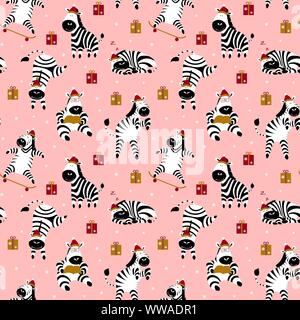 Christmas seamless pattern with cute zebras and present boxes on pink background. Flat vector illustration. Stock Vector