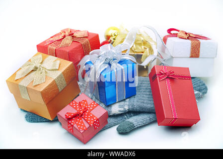 Variety of gift boxs decorate on white background. Stock Photo