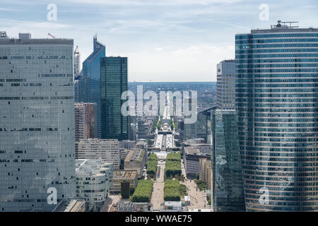 View from La Defense, panorama of Paris, from Neuilly to the Arc de Triomphe, perspective Stock Photo