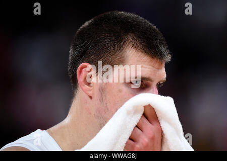 Beijing, China. 14th Sep, 2019. Nikola Jokic of Serbia reacts after the Classification Games 5-6 between the Czech Republic and Serbia at the 2019 FIBA World Cup in Beijing, capital of China, Sept. 14, 2019. Credit: Ju Huanzong/Xinhua/Alamy Live News Stock Photo