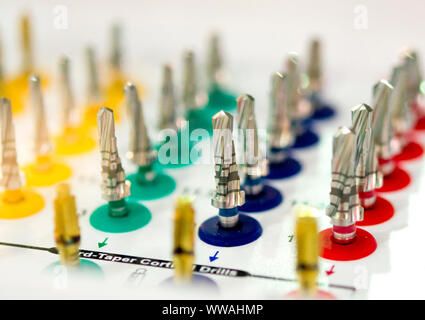 many dental drills different sizes and thicknesses close-up Stock Photo