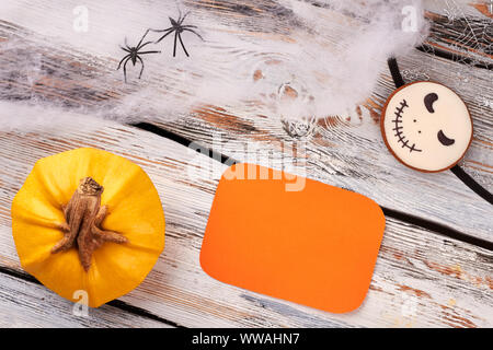 Halloween holiday background with decorations. Stock Photo