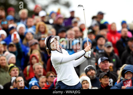 Team USA's Brittany Altomare tees off the 10th during the Fourball match on day two of the 2019 Solheim Cup at Gleneagles Golf Club, Auchterarder. Stock Photo