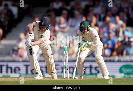 England’s Ben Stokes is cleaned bowled by Australia’s Nathan Lyon during day three of the fifth test match at The Kia Oval, London. Stock Photo