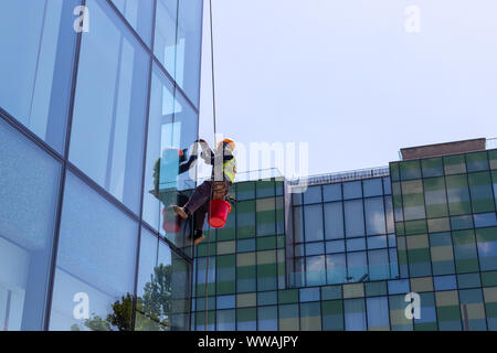 Window cleaner on high-rise buildings. Industrial climber. Stock Photo