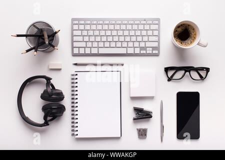 School stationery in black and white style with cellphone Stock Photo