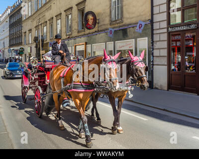 Horse-drawn carriage (fiaker) carrying tourists around the Ringstrasse ring road, Vienna, Austria. Stock Photo