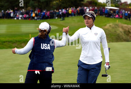 Team USA's Lexi Thompson (right) celebrates with Marina Alex on the 11th during the Fourball match on day two of the 2019 Solheim Cup at Gleneagles Golf Club, Auchterarder. Stock Photo