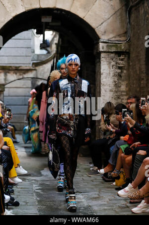 London, UK. 14th Sep, 2019. Models present creations of Fyodor Golan at Somerset House during the London Fashion Week in London, Britain, Sept. 14, 2019. Credit: Han Yan/Xinhua/Alamy Live News Stock Photo
