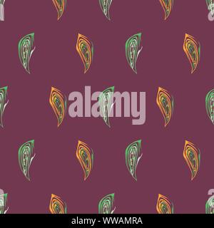 Abstract two-tone orange and green fall leaves in painterly brushstroke style design. Vector seamless pattern on burgundy color background. Great for Stock Vector