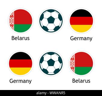 Belarus versus Germany - Vector banner for soccer competition. Illustration with round national flags and football ball isolated on white background. Stock Vector