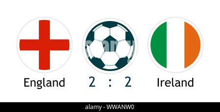 England versus Ireland - Vector banner with Score for soccer competition. Illustration with round national flags and football ball isolated on white b Stock Vector