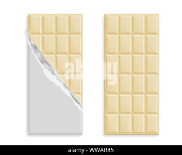 White chocolate bars set in wrappers mock up set, blank package with place for text isolated on white background. Vector illustration Stock Vector