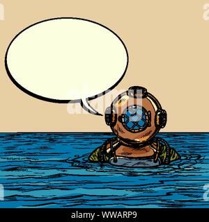 retro deep sea diver in metal helmet. Pop art vector illustration drawing Stock Vector