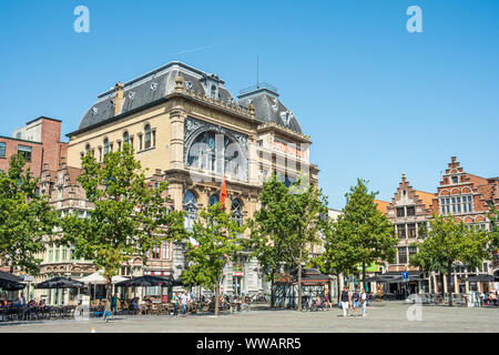 Monumental art nouveau buildings of the socialist movement. Terraces on the Vrijdagmarkt during Summer. Historical centre of Ghent, Flemish Region, Be Stock Photo