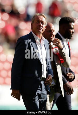 London, UK. 14th September 2019; The Valley, Charlton, London, England; English Championship Football, Charlton Athletic versus Birmingham City; Former Charlton Athletic manager Alan Curbishley walking around the pitch during half time alongside other Charlton Athletic ex-players in celebration of Charlton Athletic being at the The Valley Stadium for one hundred years - Strictly Editorial Use Only. No use with unauthorized audio, video, data, fixture lists, club/league logos or 'live' services. Online in-match use limited to 120 images, no video emulation. Credit: Action Plus Sports Images/Ala Stock Photo