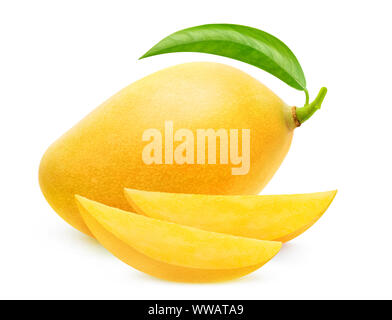 Isolated yellow mango. One whole mango fruit and two slices isolated on white background with clipping path Stock Photo