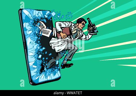 Scientific breakthrough. The mobile education concept. Pop art retro vector illustration drawing Stock Vector