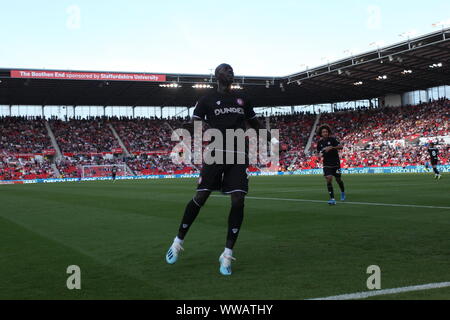Stoke on Trent, UK. 14th Sep, 2019. Famara Diedhiou of Bristol City celebrates his goal during the Sky Bet Championship match between Stoke City and Bristol City at the Britannia Stadium, Stoke-on-Trent on Saturday 14th September 2019. (Credit: Simon Newbury | MI News) Editorial use only, license required for commercial use. Photograph may only be used for newspaper and/or magazine editorial purposes Credit: MI News & Sport /Alamy Live News Stock Photo