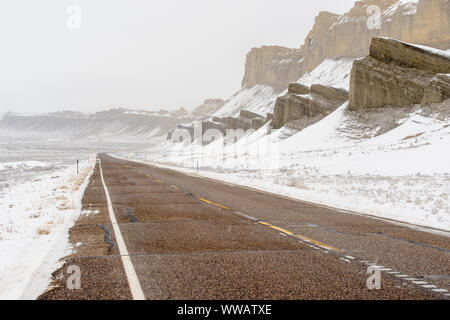 Fresh snow on eroded buttes, Caineville, Utah, USA Stock Photo