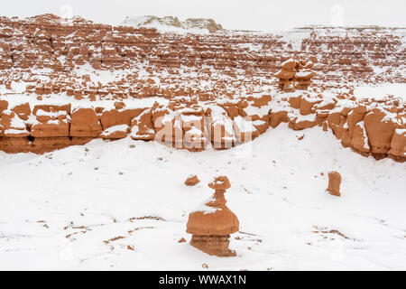 Fresh snow on the hoodoos in Goblin Valley, Goblin Valley State Park, Utah, USA Stock Photo