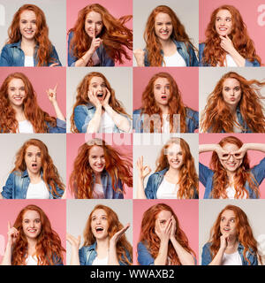 Collage of young redhead girl portraits with different emotions and gestures Stock Photo