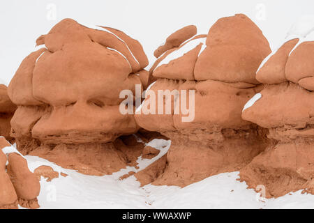 Fresh snow on the hoodoos in Goblin Valley, Goblin Valley State Park, Utah, USA Stock Photo