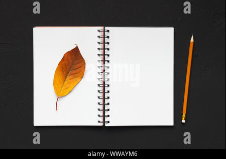 Beautiful dry autumn leaf on notebook and blank space for verse Stock Photo
