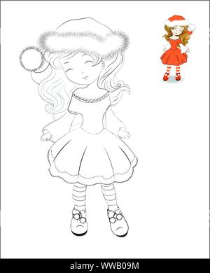 Coloring book Christmas little isolated girl in Santa Claus costume, with red hat and a white pompon. The picture in hand drawing style, can be used f Stock Vector