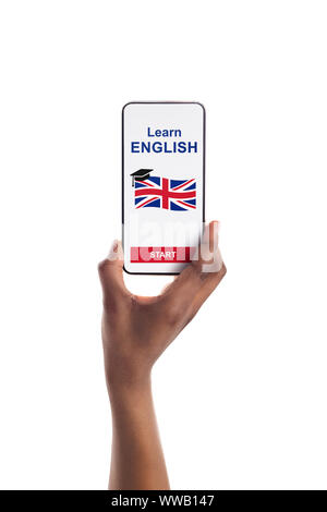 Language Educational App Opened On Smartphone In Black Female Hands Stock Photo