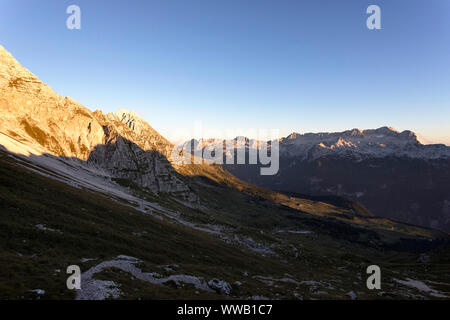 Evening view over Italian Julian Alps from Montasio plateau, Sella Nevea, Italy, Friuli Stock Photo
