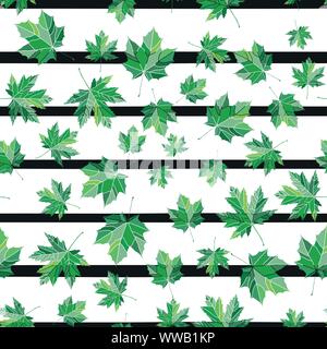 Green seamless maple leaf pattern with black strips. Nature texture backgrounds or decorations. Stock Vector
