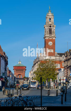 COLCHESTER HIGH STREET SHOWING JUMBO WATER TOWER AT THE END AND THE TOWN HALL ON THE RIGHT Stock Photo