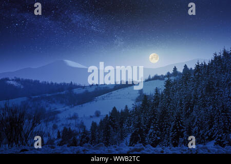 wonderful winter night scenery in mountains.  snow covered forested hills. full moon on a starry sky above the distant ridge. Stock Photo