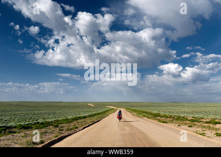 WY03884-00...WYOMING - Vicky Spring bicycling through the Great Divide Basin on County Road 2317 in Fremont County, The Great Divide Mountain Bike Rou Stock Photo